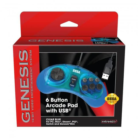 Genesis Controller 6 Button USB RetroBit Sega Clear Blue New