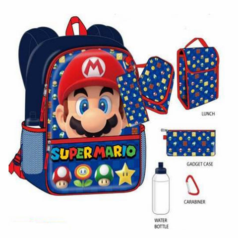 Super Mario 16" Checkered 5 Piece Backpack Set New